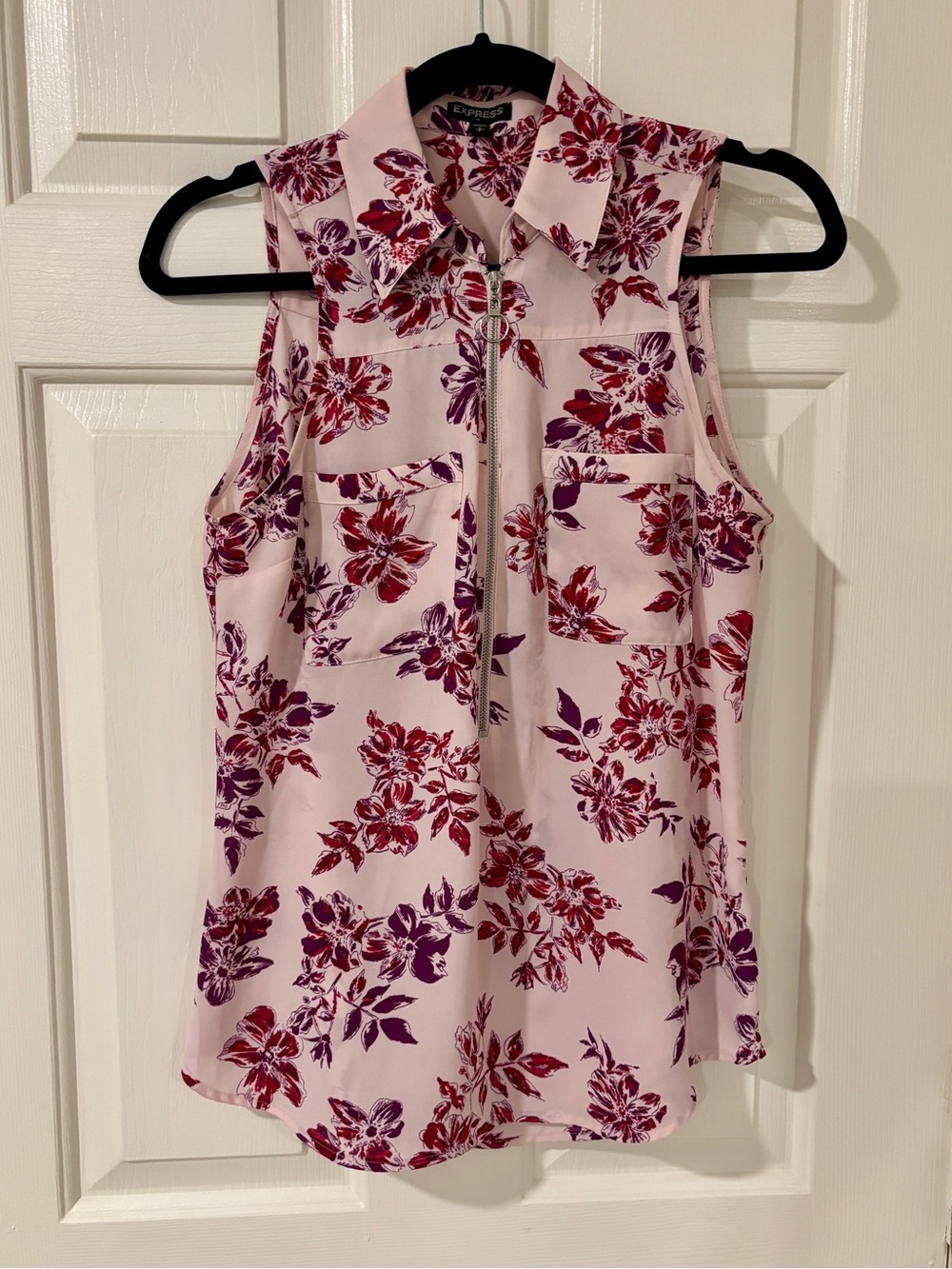 Express Pink Floral Zip-Front Sleeveless Top